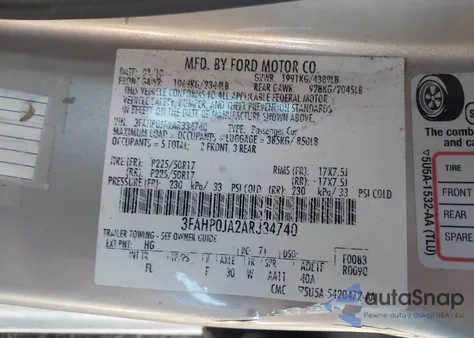 2010 Ford Fusion Sel z USA, uszkodzony, nr VIN 3FAHP0JA2AR334740